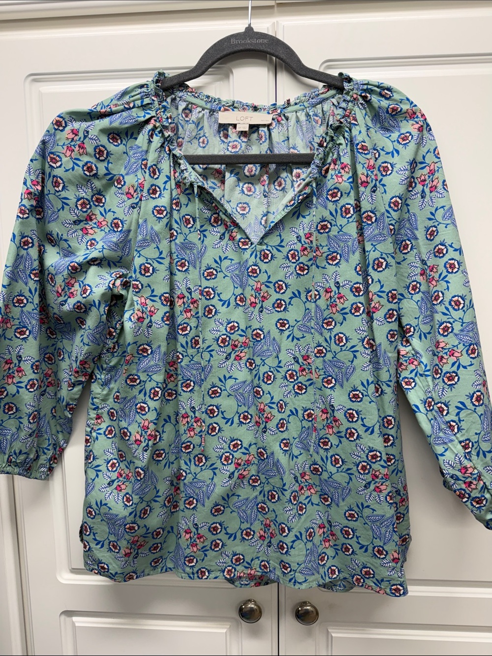 LOFT Aqua Floral Tie-Front Peasant Blouse